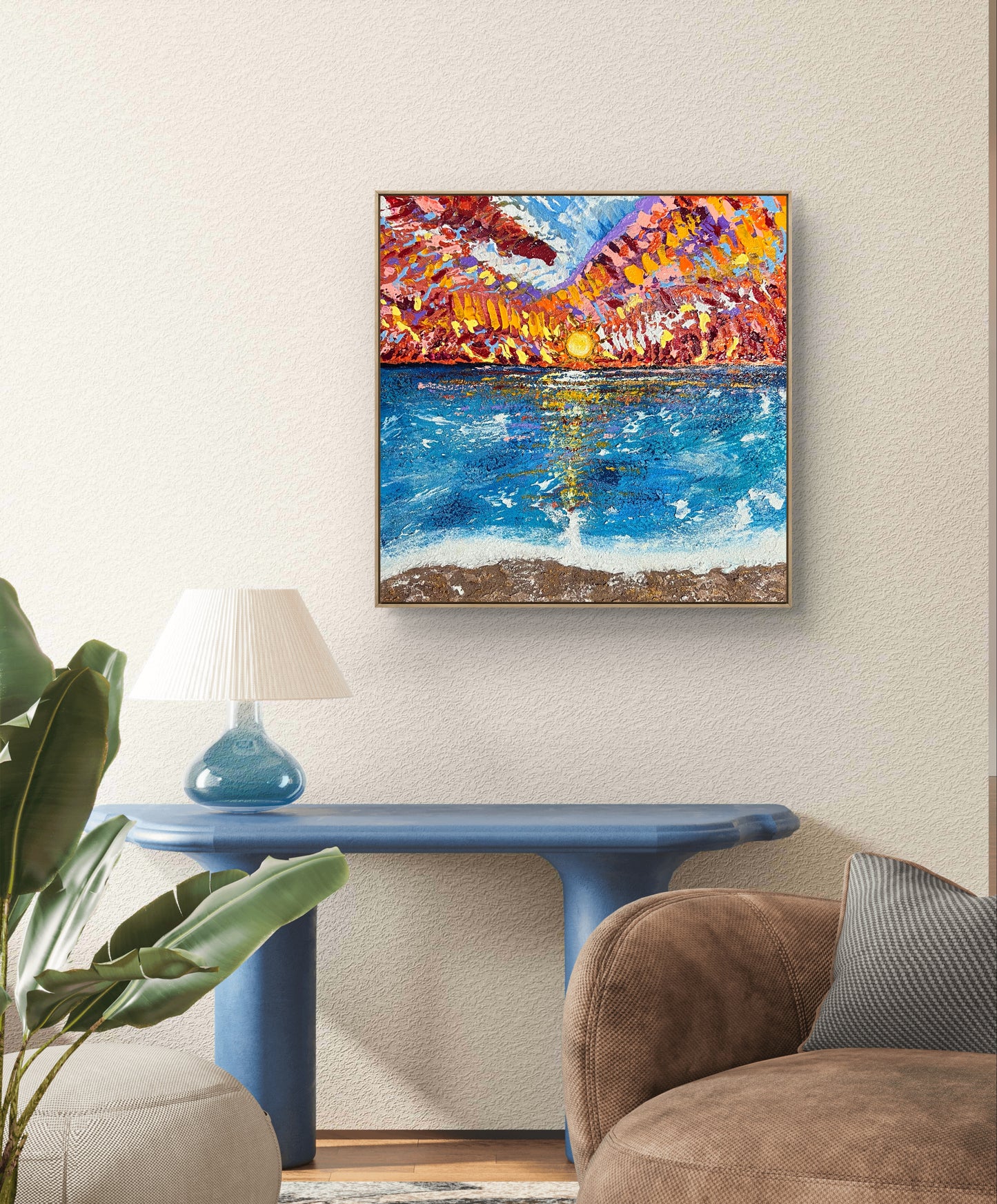 Crimson sunset over rippling blue