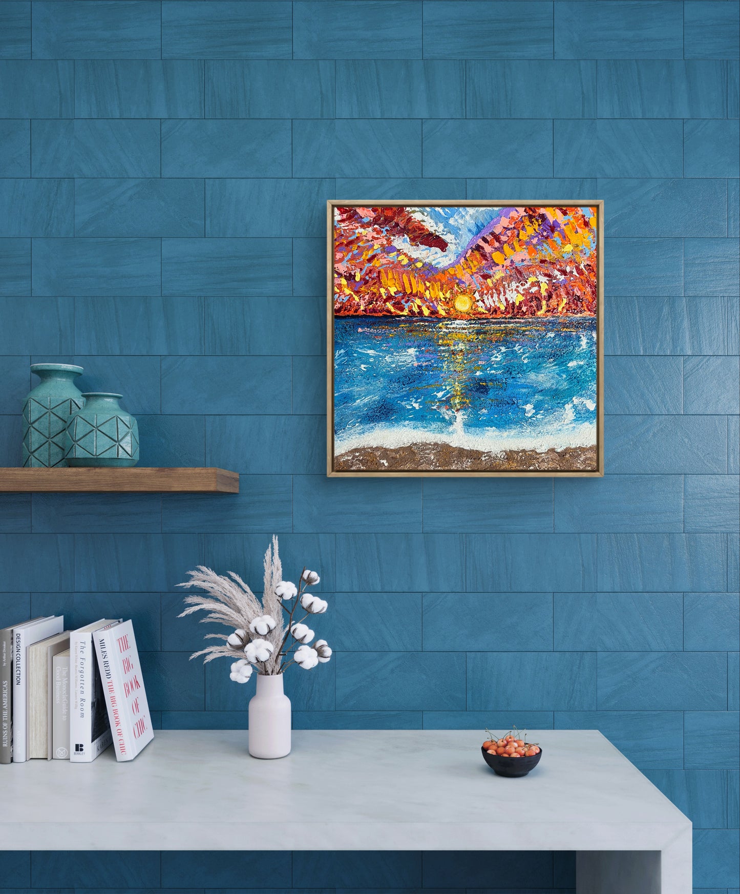 Crimson sunset over rippling blue