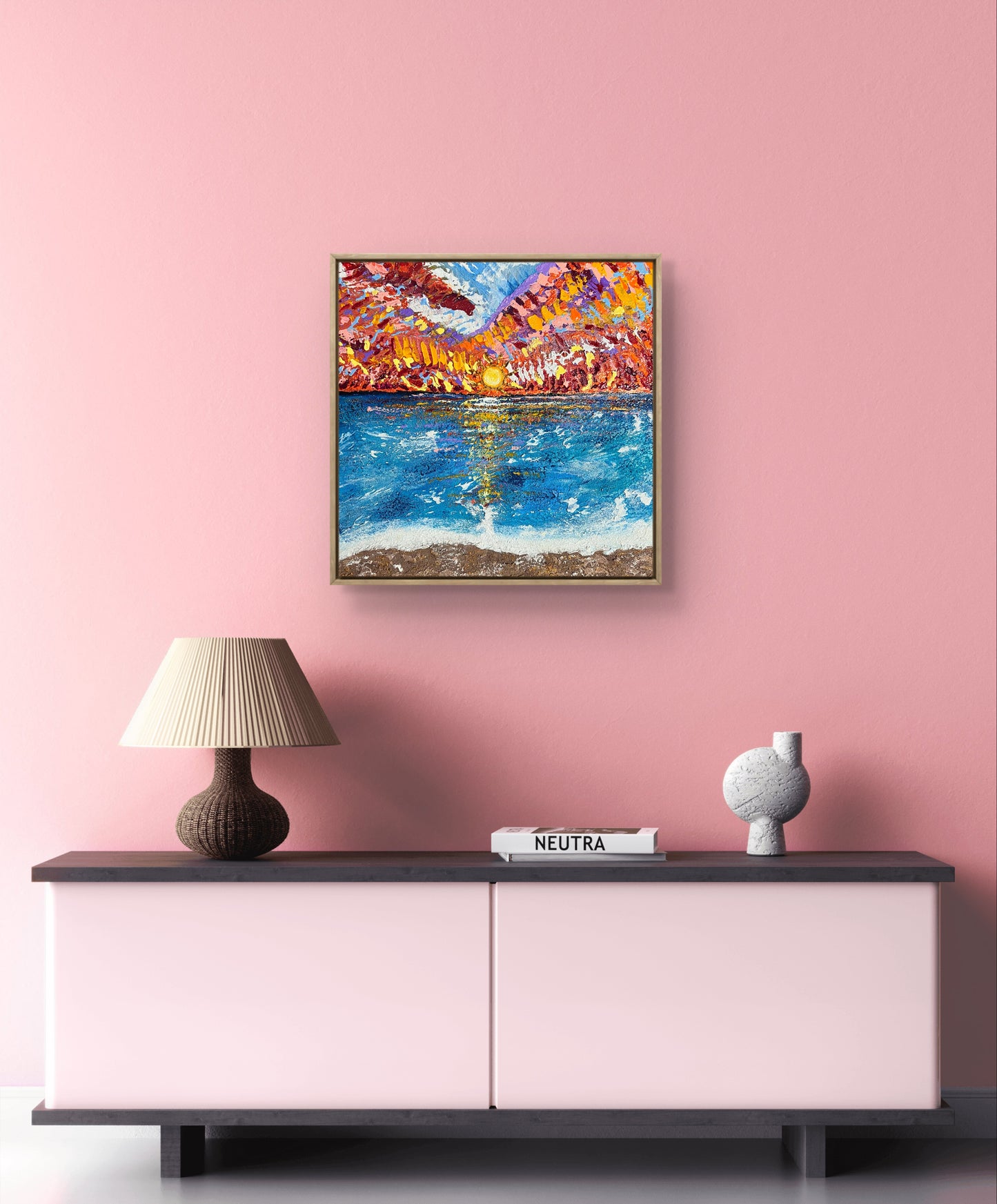 Crimson sunset over rippling blue