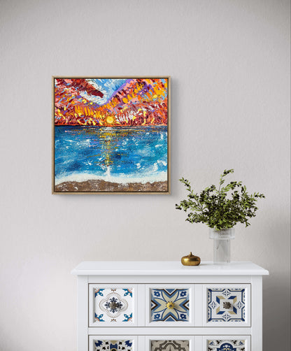 Crimson sunset over rippling blue