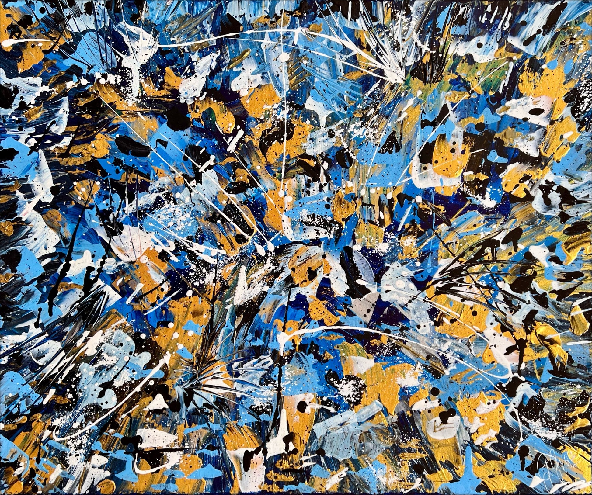 Abstract art with blue, yellow, and black colors