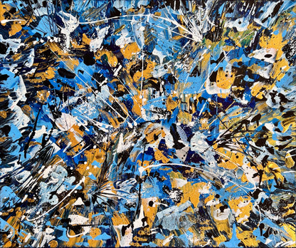 Abstract art with blue, yellow, and black colors