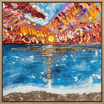 Crimson sunset over rippling blue