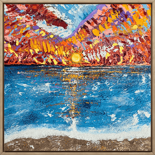 Crimson sunset over rippling blue