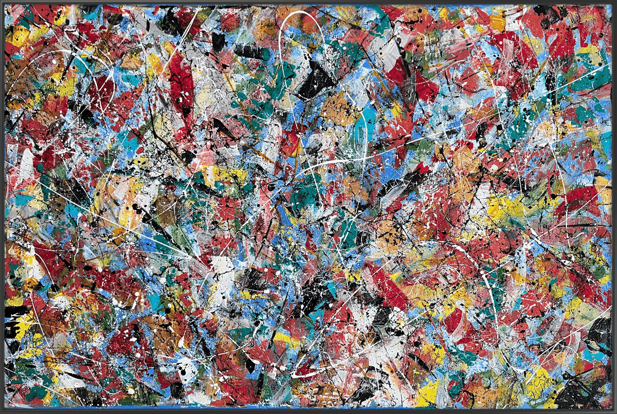 Abstract art piece with splashes of red, blue, yellow, and white.
