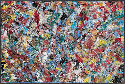 Abstract art piece with splashes of red, blue, yellow, and white.